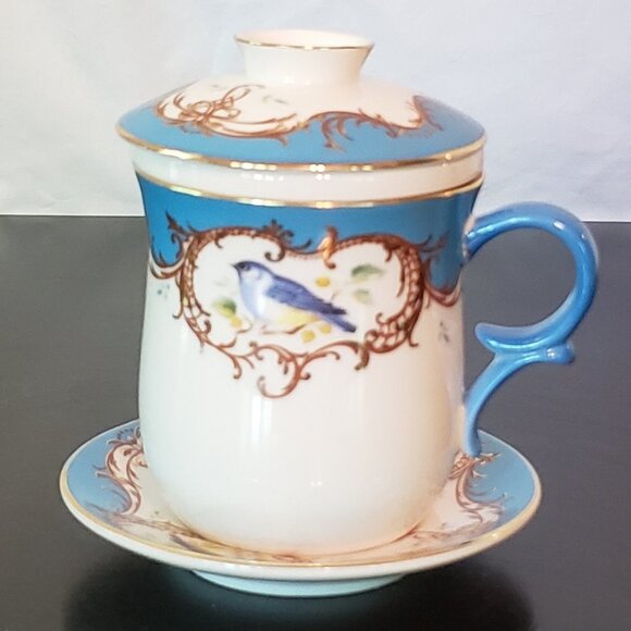 Gracie China Other - GRACIE CHINA by Coastline Imports Blue Bird Tea Cup w/strainer, lid & saucer